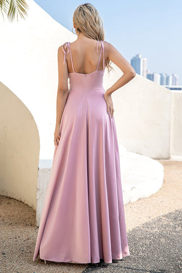 Simple Blush Spaghetti Straps Cowl-Neck Long Bridesmaid Dress